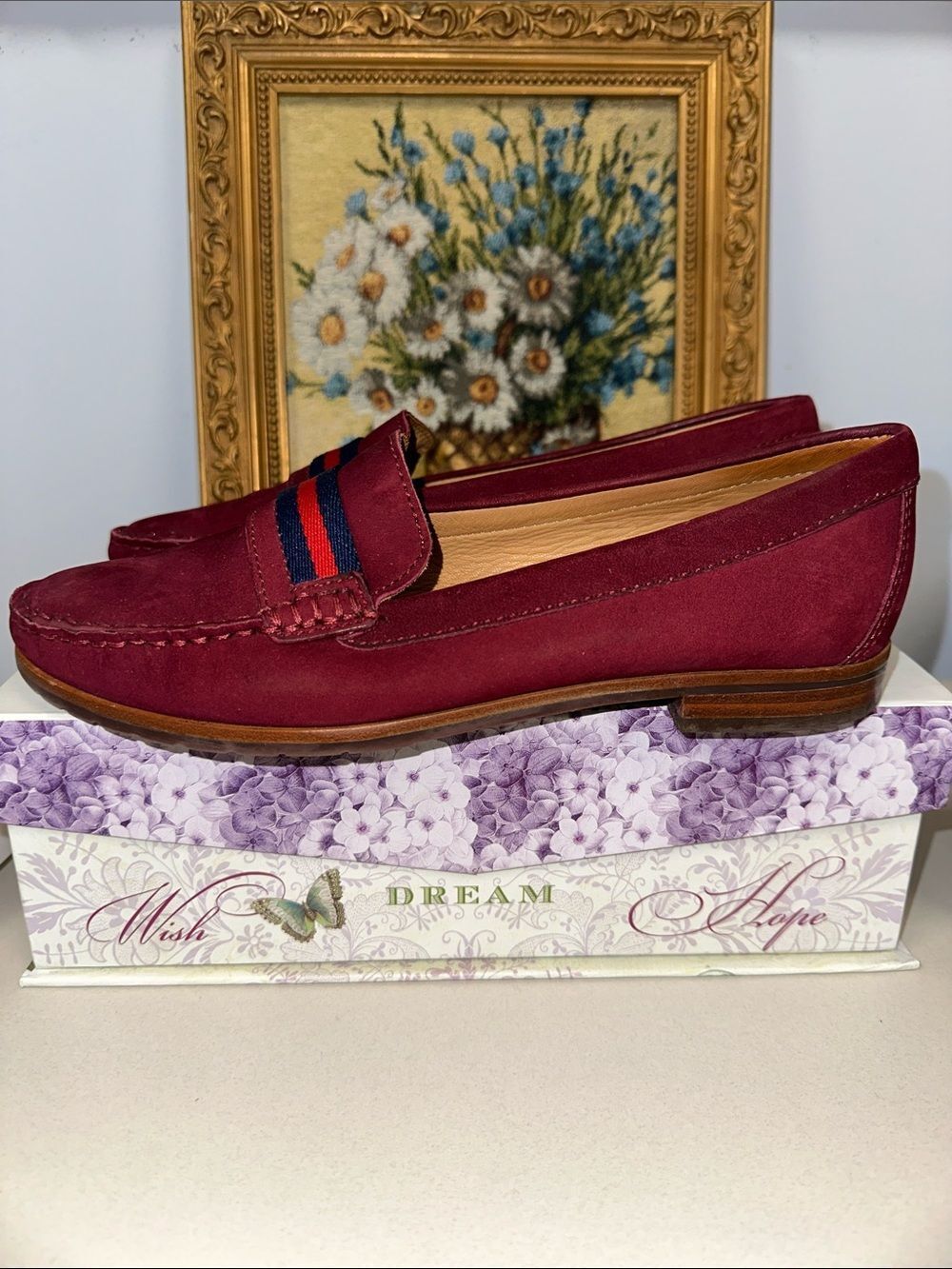 SAPATOTERAPIA 6 burgundy navy red ribbon stripes suede penny loafers